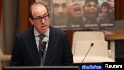 FILE - Joel Simon, executive director of the Committee to Protect Journalists, participates in the Press Behind Bars: Undermining Justice and Democracy event during the 73rd session of the United Nations General Assembly at U.N. headquarters in New York, Sept. 28, 2018.