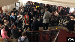 Haitian Ambassador Paul Altidor welcomes guests to his "Diplomacy By Design" event at the Haitian Embassy in Washington, D.C., Feb. 23, 2018. (VOA / S. Lemaire) 