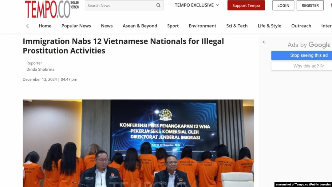 Tempo.co đưa tin nhà chức trách Indonesia bắt giữ 12 phụ nữ Việt có hoạt động mại dâm bất hợp pháp, 13/12/2024.