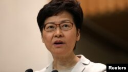 香港特首林鄭月娥在區議會選舉後對媒體講話。 （2019年11月26日）