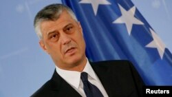 Kosovo's Foreign Minister Hashim Thaci speaks to the media prior to a meeting with German counterpart Frank-Walter Steinmeier in Berlin, March 2, 2015.