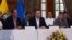(L-R) Juan Camilo Restrepo Colombia's government representative, Ecuadorean Foreign Minister Guillaume Long and Pablo Beltran, representative of the delegation of National Liberation Army (ELN) for formal peace talks with Colombian government, hold a news conference in Quito, Ecuador, Jan. 18, 2017. 