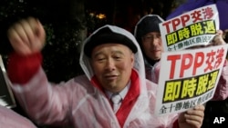 FILE - A protester shouts slogans during a rally against the Trans-Pacific Partnership (TPP) in Tokyo, Tuesday, April 22, 2014.