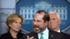 FILE - Health and Human Services Secretary Alex Azar, with White House coronavirus response coordinator Dr. Deborah Birx, left, and Vice President Mike Pence, speaks to reporters, March 2, 2020, in Washington.