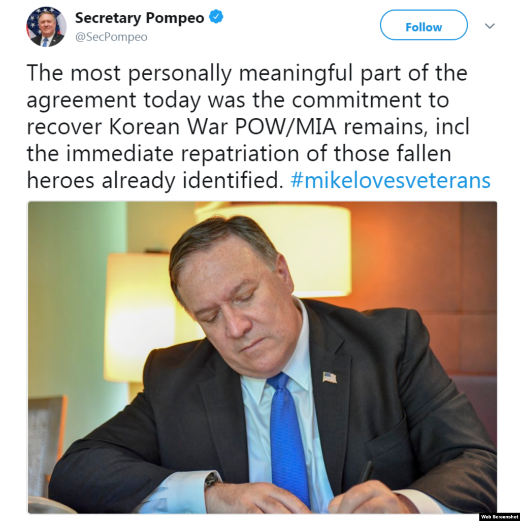 Secretary of State Mike Pompeo tweeted that he is pleased the deal with North Korea includes provisions for return of the remains of U.S. servicemen from the Korean War.