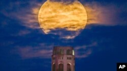 Una superluna rosa se eleva en el cielo nocturno sobre la Torre Coit en San Francisco, California, el 26 de abril de 2021.