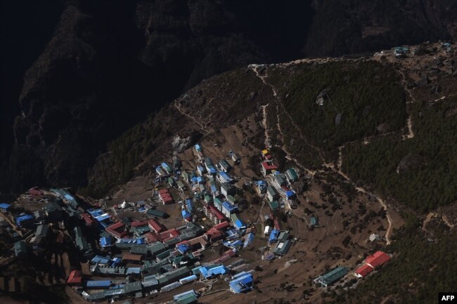 This photograph taken from a helicopter shows an aerial view of Namche Bazar in Nepal's Solukhumbu district on Nov. 22, 2018.