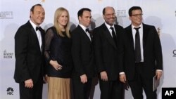 Producers of "The Social Network," from left to right, Kevin Spacey, Cean Chaffin, Dana Brunetti, Scott Rudin and Michael De Luca pose backstage after winning Best Motion Picture - Drama during the Golden Globe Awards 16 Jan. 2011, in Beverly Hills, Calif