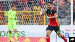 Eden Hazard célèbre son but contre la Norveige, Belgique, le 5 juin 2016