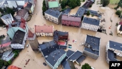 This aerial photograph taken Sept. 15, 2024, shows a view of the flooded city center in Glucholazy, southern Poland. 