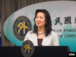 台湾外交部发言人欧江安2020年6月30日在记者会上讲话(美国之音张永泰拍摄)