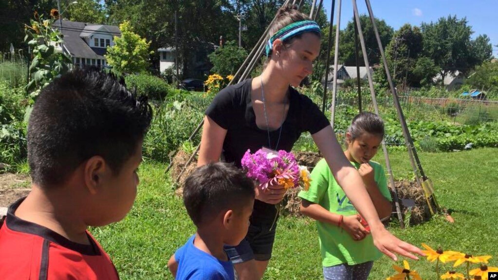 In this photo provided by Ginny Hughes, members of the Troy Kids' Garden Learning Community make bouquets at Troy Gardens in Madison, Wis. (Ginny Hughes via AP)