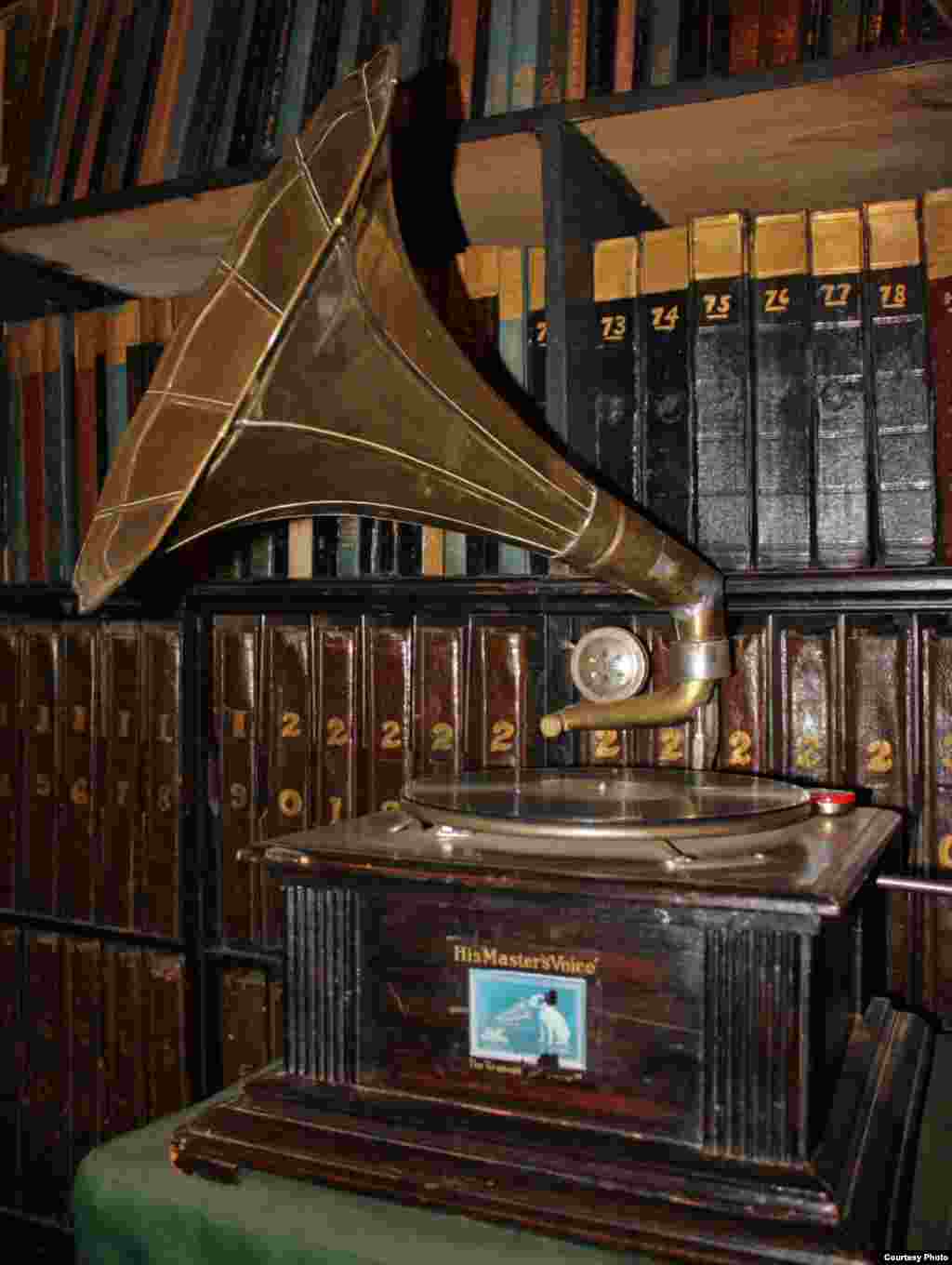 A large gramophone player of dull gold holds pride of place in the library where Love maintains a large collection of gramophone records. Photo by Darren Taylor.