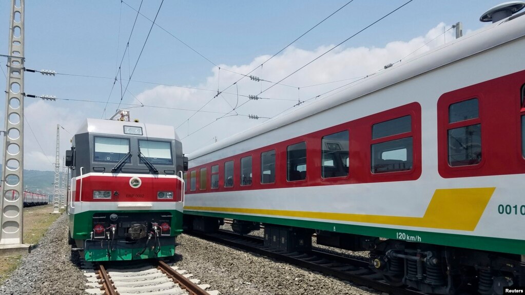 Locomotives for the new Ethiopia to Djibouti electric railway system sit outside a train station on the outskirts of Addis Ababa. Sept. 24, 2016, 