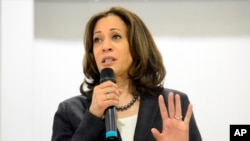 In this March 9, 2019, photo, Sen. Kamala Harris, D-Calif., speaks during an event in St. George, South Carolina. 