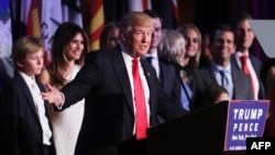 Republican President-elect Donald Trump delivers his acceptance speech during his election night event at the New York Hilton Midtown in New York City, Nov. 9, 2016.