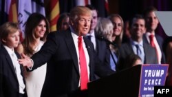 FILE - Republican President-elect Donald Trump delivers his acceptance speech during his election night event at the New York Hilton Midtown in New York City, Nov. 9, 2016.