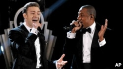 Recording artists Just Timberlake, left, and Jay-Z performing at the 55th annual Grammy Awards in Los Angeles, Feb. 10, 2013.