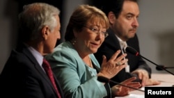 FILE - Chile's President Michelle Bachelet talks at the 2015 Alianza del Pacifico (Pacific Alliance) political summit, in Paracas, Peru, July 2, 2015. 