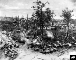 A close-up of a section of a cyclorama depicting the Battle of Atlanta from the American Civil War is seen in this undated photograph.