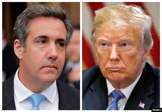 A combination photo shows President Donald Trump's onetime personal attorney, Michael Cohen and Trump from outside federal court in the Manhattan borough of New York City, April 16, 2018 and in the White House, July 18, 2018.