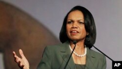 In this March 15, 2014 file photo, former Secretary of State Condoleezza Rice gestures while speaking before the California Republican Party 2014 Spring Convention in Burlingame, California.