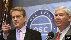 National Oil Spill Commission Co-Chairmen, Bob Graham, right, and William Reilly, discuss their report at a news conference at the National Press Club in Washington, DC, Jan. 11, 2011