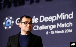 CEO of Google DeepMind Demis Hassabis at a press conference after a Go match between South Korean professional Go player Lee Sedol and Google's artificial intelligence program, AlphaGo, in Seoul, South Korea, March 9, 2016.