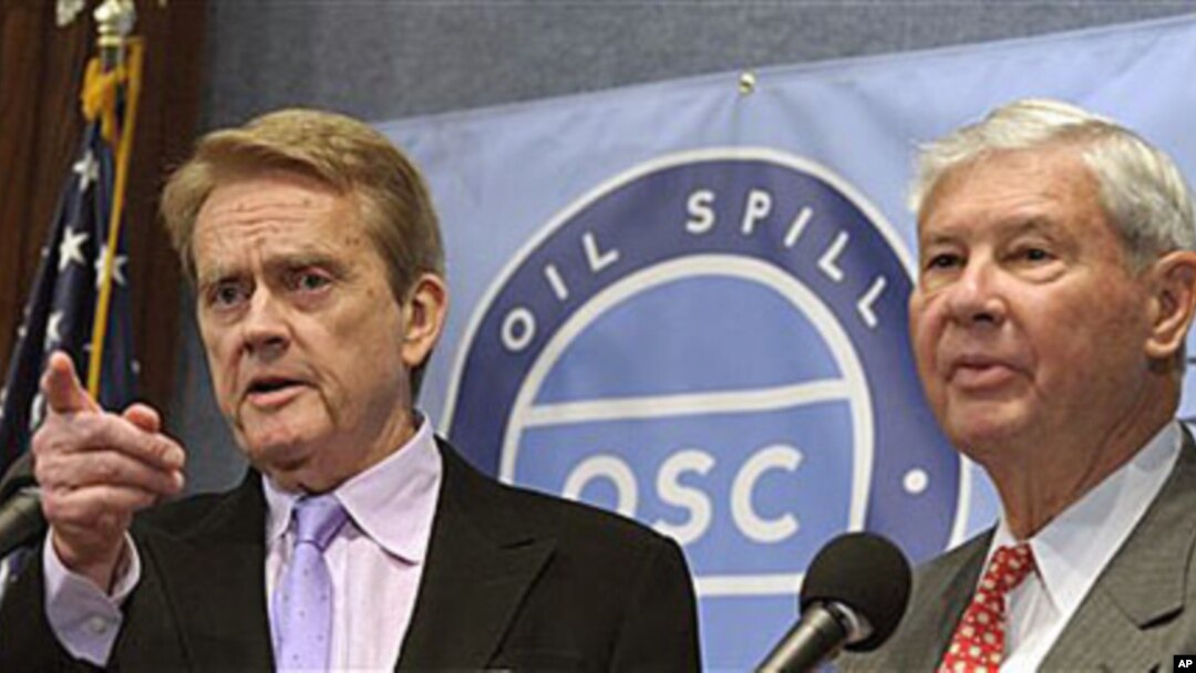 National Oil Spill Commission Co-Chairmen, Bob Graham, right, and William Reilly, discuss their report at a news conference at the National Press Club in Washington, DC, Jan. 11, 2011