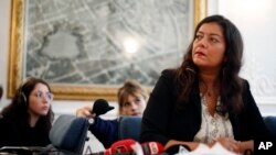 French journalist Sandra Muller gives a press conference, in Paris, Sept. 25, 2019. 