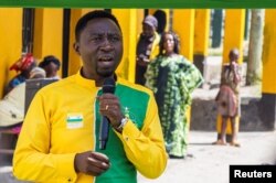 Rwanda's opposition Democratic Green Party presidential candidate Frank Habineza addresses his campaign rally in Burera District, Rwanda, on July 12, 2024.