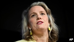 Australian Home Affairs Minister Clare O'Neil addresses the National Press Club in Canberra, April 27, 2023. 