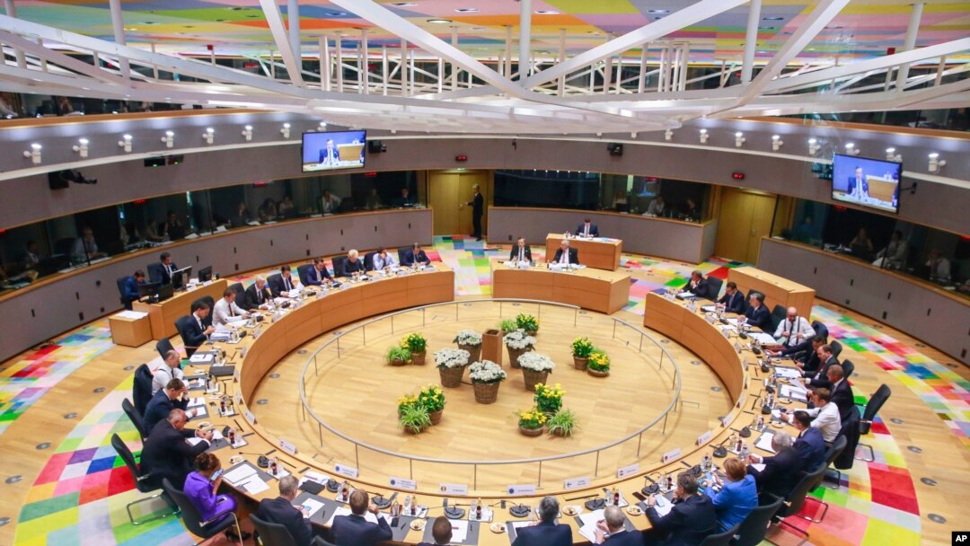 European Union leaders attend a round table meeting at an EU summit in Brussels, Friday, June 21, 2019. EU leaders conclude a two-day summit on Friday in which they will discuss the euro-area. (Stephanie Lecocq, Pool Photo via AP)
