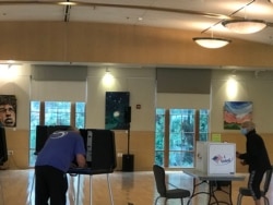 2021年11月2日，美国弗吉尼亚州选民在该州费尔法克斯市一投票点填写选票选举州长和其他一些公职官员。（美国之音叶兵拍摄）