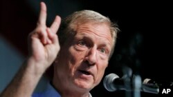 Democratic presidential candidate and businessman Tom Steyer speaks at the Iowa Democratic Wing Ding at the Surf Ballroom in Clear Lake, Iowa, Aug. 9, 2019. 