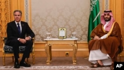 U.S. Secretary of State Antony Blinken, left, meets Saudi Crown Prince Mohammed bin Salman in Riyadh, Saudi Arabia, Oct. 23, 2024. 