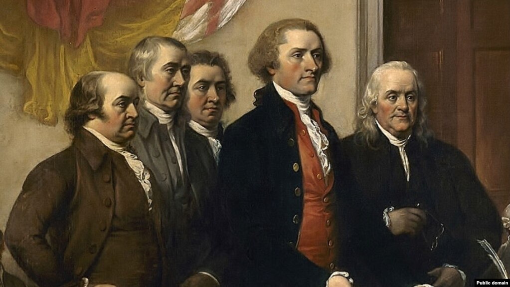 Le Comité des Cinq présente leur travail, le premier projet de la Déclaration d'Indépendance, en juin 1776. Peinture de John Trumbull,1819 .