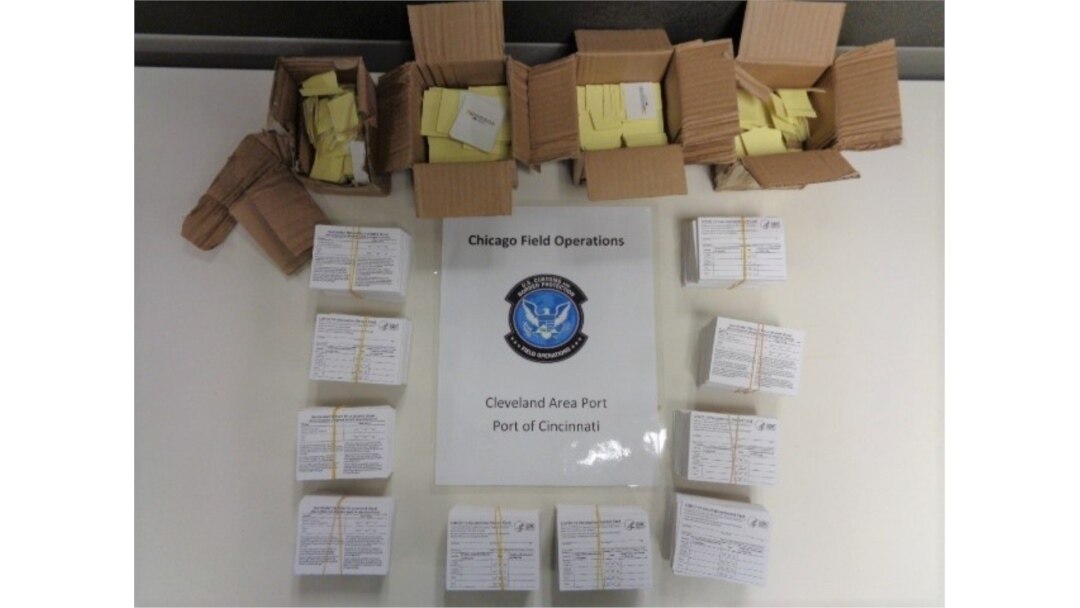Photo of bogus vaccination cards provided by U.S. Customs and Border Patrol in Cincinnati, Ohio.