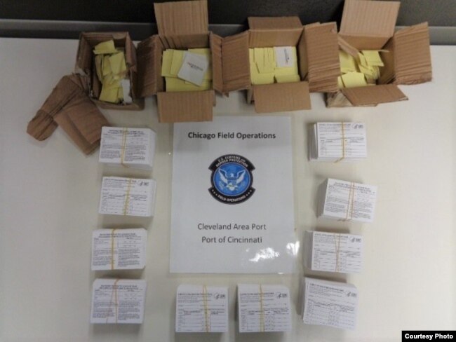 Photo of bogus vaccination cards provided by U.S. Customs and Border Patrol in Cincinnati, Ohio.