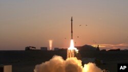This photograph provided by the Israeli Ministry of Defense on Monday Dec. 21, 2015 shows a launch of David's Sling missile defense system.