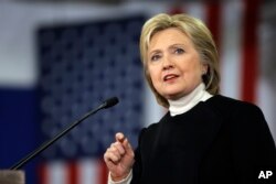 Democratic presidential candidate Hillary Clinton speaks at her first-in-the-nation presidential primary campaign rally in Hooksett, New Hampshire, Feb. 9, 2016.