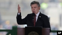 FILE - Colombia's President Juan Manuel Santos speaks in Bogota, Colombia, Nov. 6, 2016. 