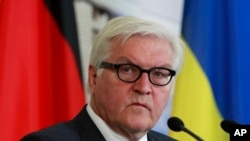 德国外长施泰因迈尔在乌克兰东部召开的记者会上（2015年5月29日）