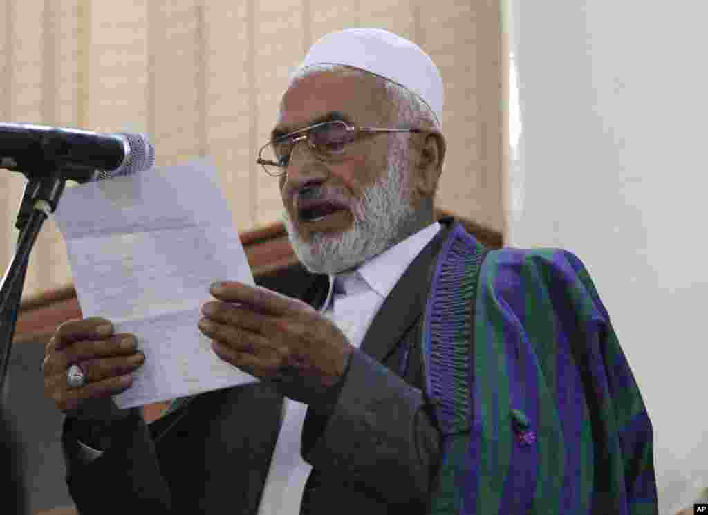 The father of Farkhunda speaks at a hearing at the Primary Court in Kabul, Afghanistan, Wednesday, May 6, 2015.