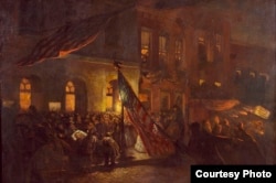 An oil painting of a mortally wounded President Abraham Lincoln as he is moved from Ford's Theatre, Washington, D.C. (Courtesy: Carol M. Highsmith, Library of Congress)