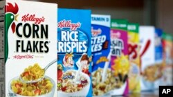 FILE - This Feb. 1, 2012, file photo, shows Kellogg's cereal products, in Orlando, Fla. 