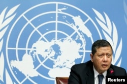 FILE - U.N. Special Rapporteur Marzuki Darusman addrrsses a news conference on the situation of human rights in North Korea in Geneva, March 16, 2015.