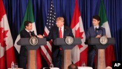 Dari kiri: Presiden Meksiko Enrique Pena Nieto, Presiden Amerika Serikat Donald Trumpdan PM Kanada Justin Trudeau di Buenos Aires, Argentina, 30 November 2018.