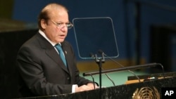 Pakistani Prime Minister Nawaz Sharif speaks during the 71st session of the United Nations General Assembly at U.N. headquarters in New York, Sept. 21, 2016.