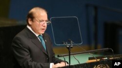 Perdana Menteri Pakistan Nawaz Sharif saat berpidato di Sidang Umum PBB di New York (21/9).